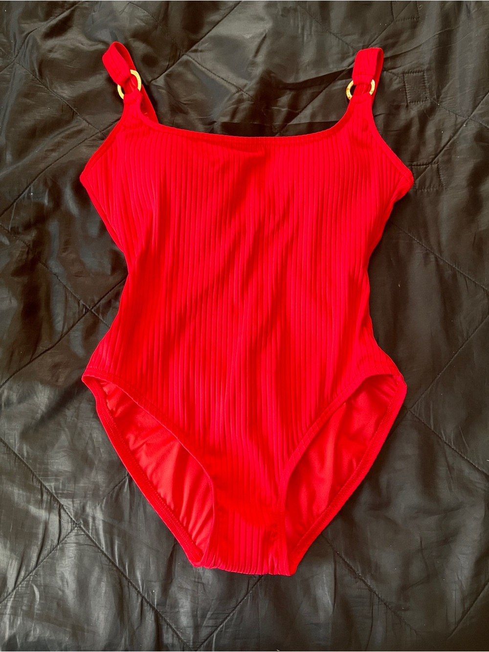 Women’s Red Ribbed One-Piece Swimsuit with Gold Ring Accent Michael Kors New
